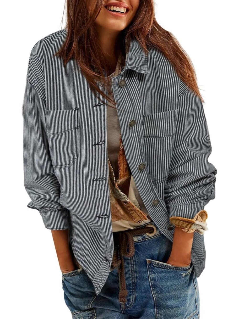 Women's Stripe Black Sleeve Button Down Casual Denim Jean Jacket Shacket